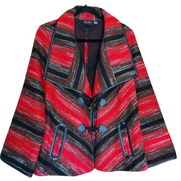 Tribal Wool Blend Women's Swing Jacket Red Black Tribal Print Toggle Closure LG - Picture 1 of 6